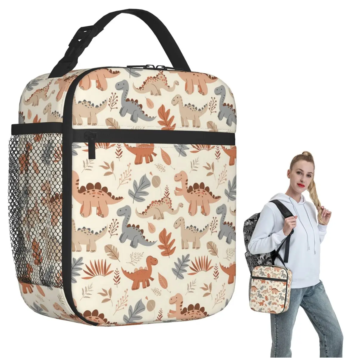 Cartoon Light Color Dinosaur Pattern Insulated Lunch Bag for Women Kids Portable Food Boxes Thermal Lunch Box Tote