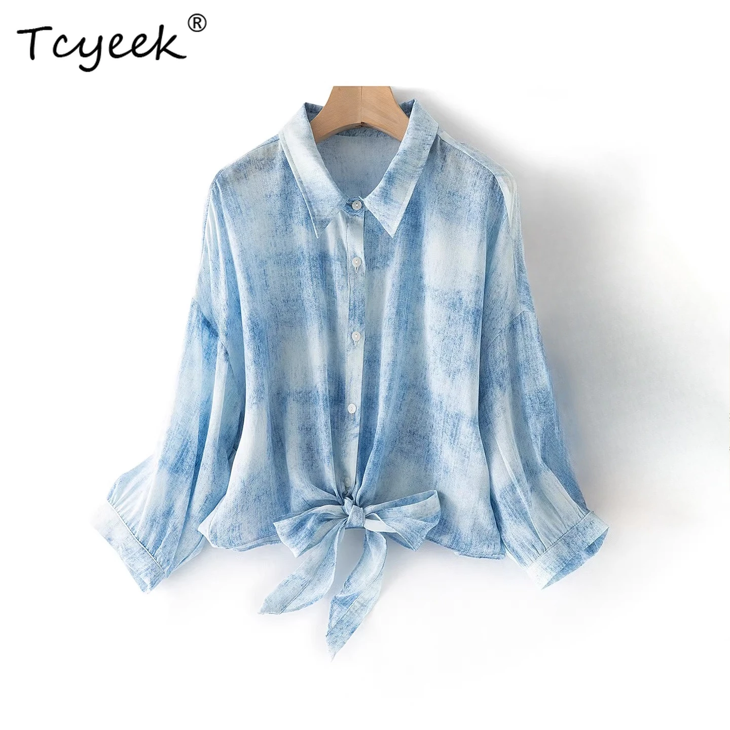 

Tcyeek 100% Mulberry Silk Shirt Summer Clothes Elegant Womens Shirts Polo Collar Long Sleeve Top Women Lace-up Блузка Женская