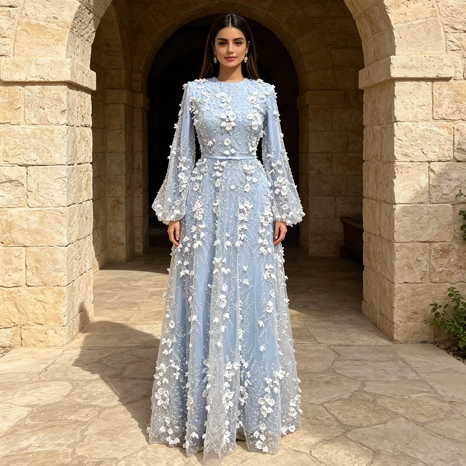 Eshault&bridal Muslim Evening Dress with 3D Flowers Long Sleeve Dubai Formal Party Gown for Women Wedding Guest Customized 2026