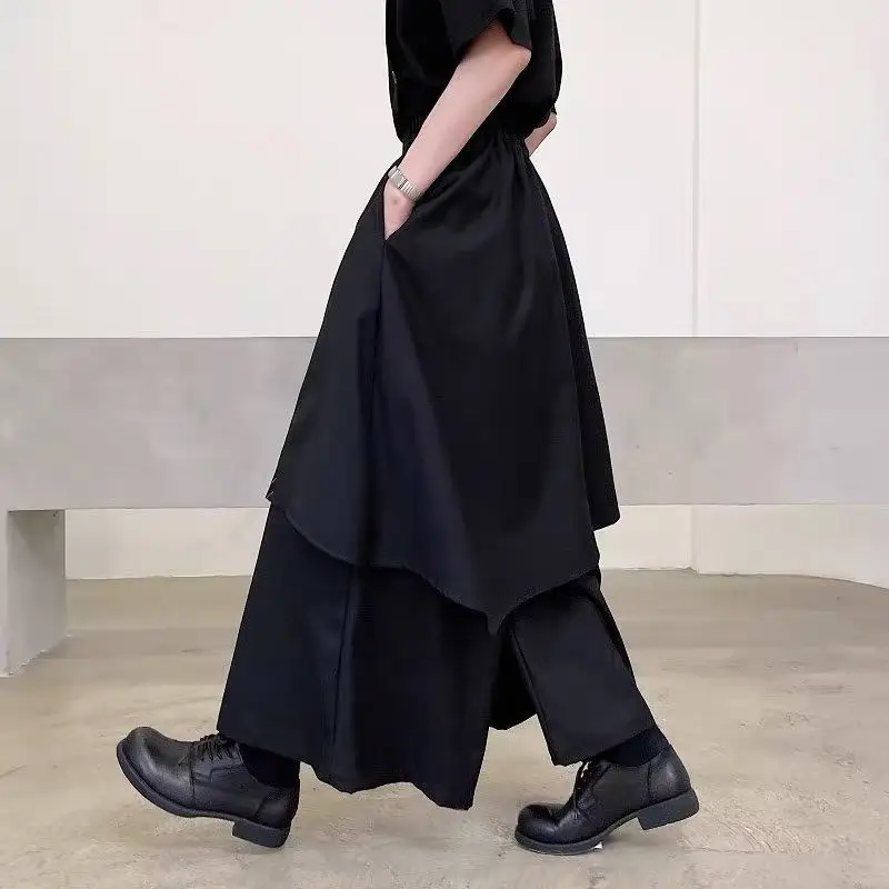 Summer Yamamoto Style Dark Stripes Contrasting Color Irregular Loose Wide-leg Pants Men's Nine-point Pants Skirts Trendy