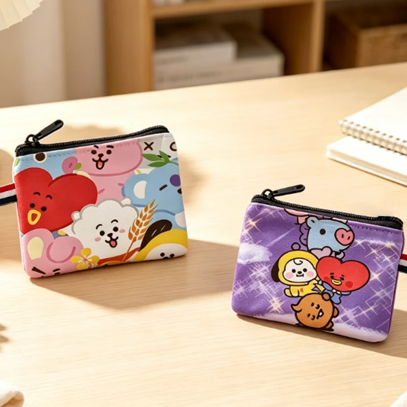 BT21 Canvas Coin Purse COOKY TATA Cartoon Small Wallets Fashion Double-sided Card Bags Headphone Bag Mini Pouch Birthday Gifts
