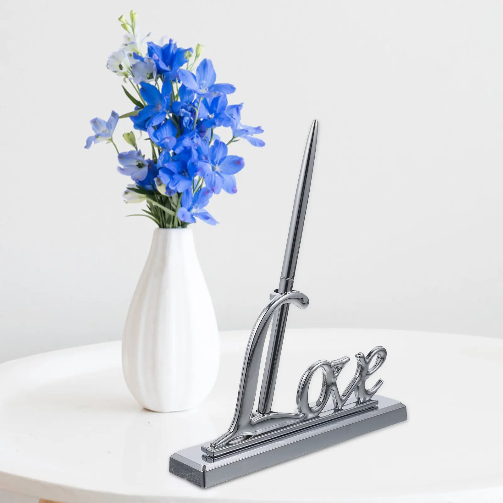 Wedding Signing Pen and Holder Set Silver Plated Crystal Design Guest Pen for Wedding Engagement Party Signature