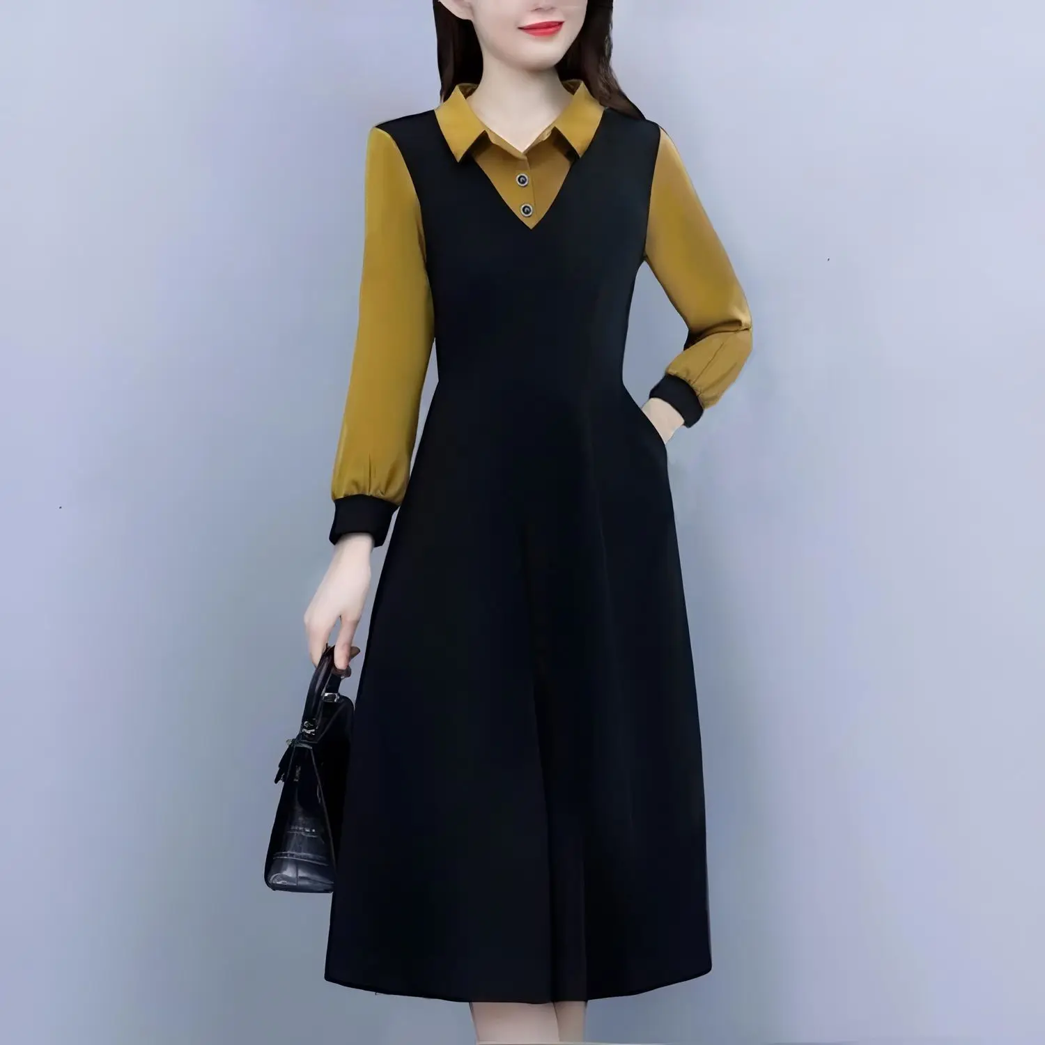 

Temperament Autumn Dresses Women POLO Collar Button Contrast Color Spliced Fake Two Pieces Fashion Slim A-line Mid-length Dress