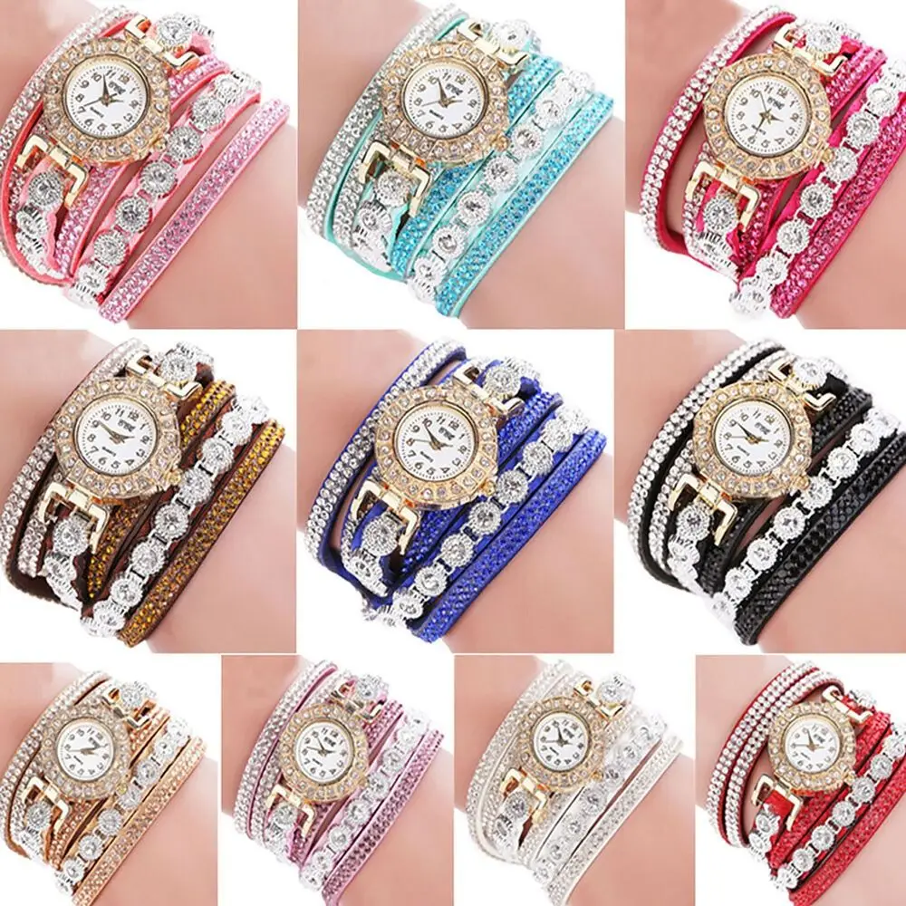 Quartz Round Watch Fashion Alloy With Diamond Bracelet Watches PU Leather Quartz Wrist Watches Women