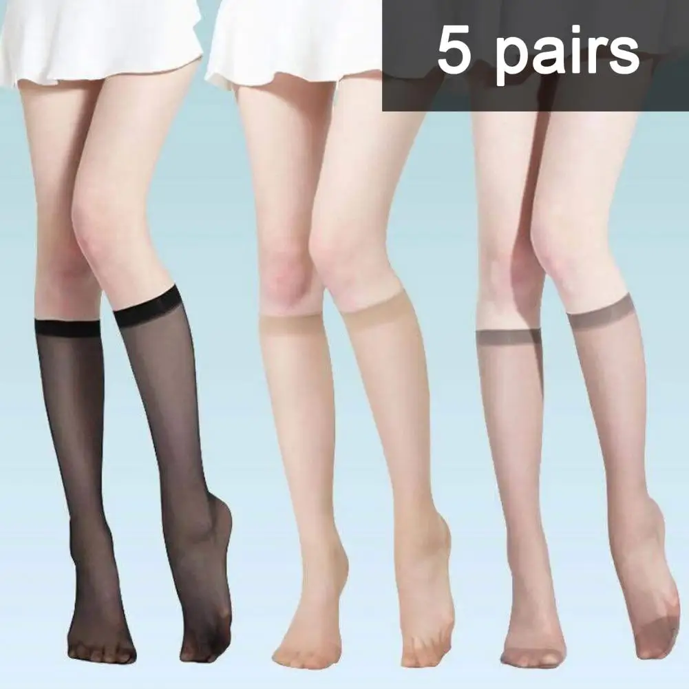 5 Pairs Women Ultra-thin Nylon Stockings Transparent Stockings Womens See-through Stockings High Elasticity Quick Dry Long Socks