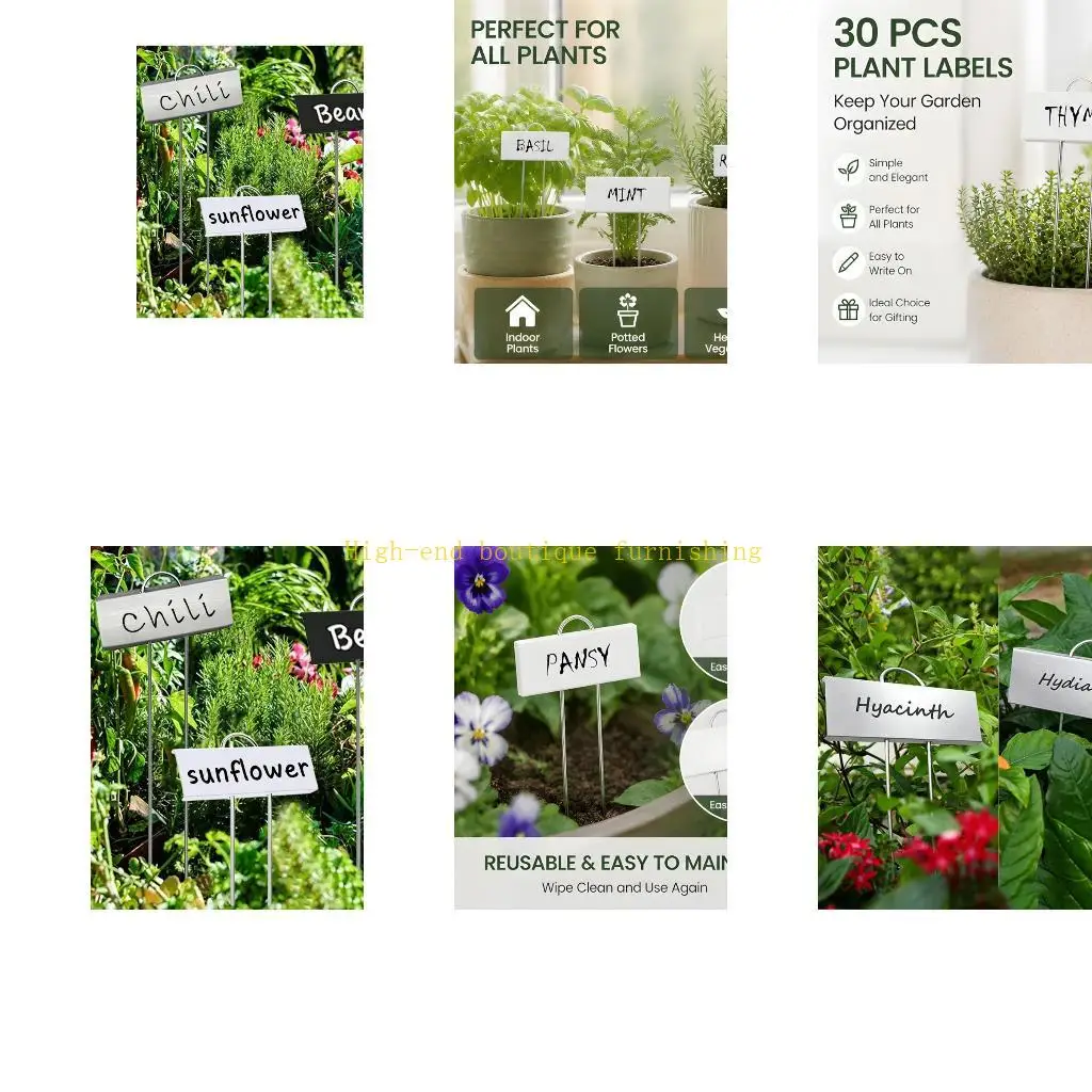L9NB Metal Garden Label Stakes 30 Piece Set with White Writing Panels, 11 Inch Pot and Herb Row Labels for Variety Sorting and
