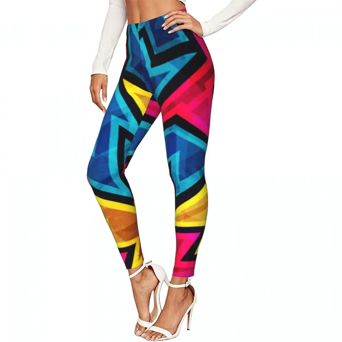 Women Full Length Elastic Leggings High Waist Tight Pants Vintage Geometric Casual Bottoms