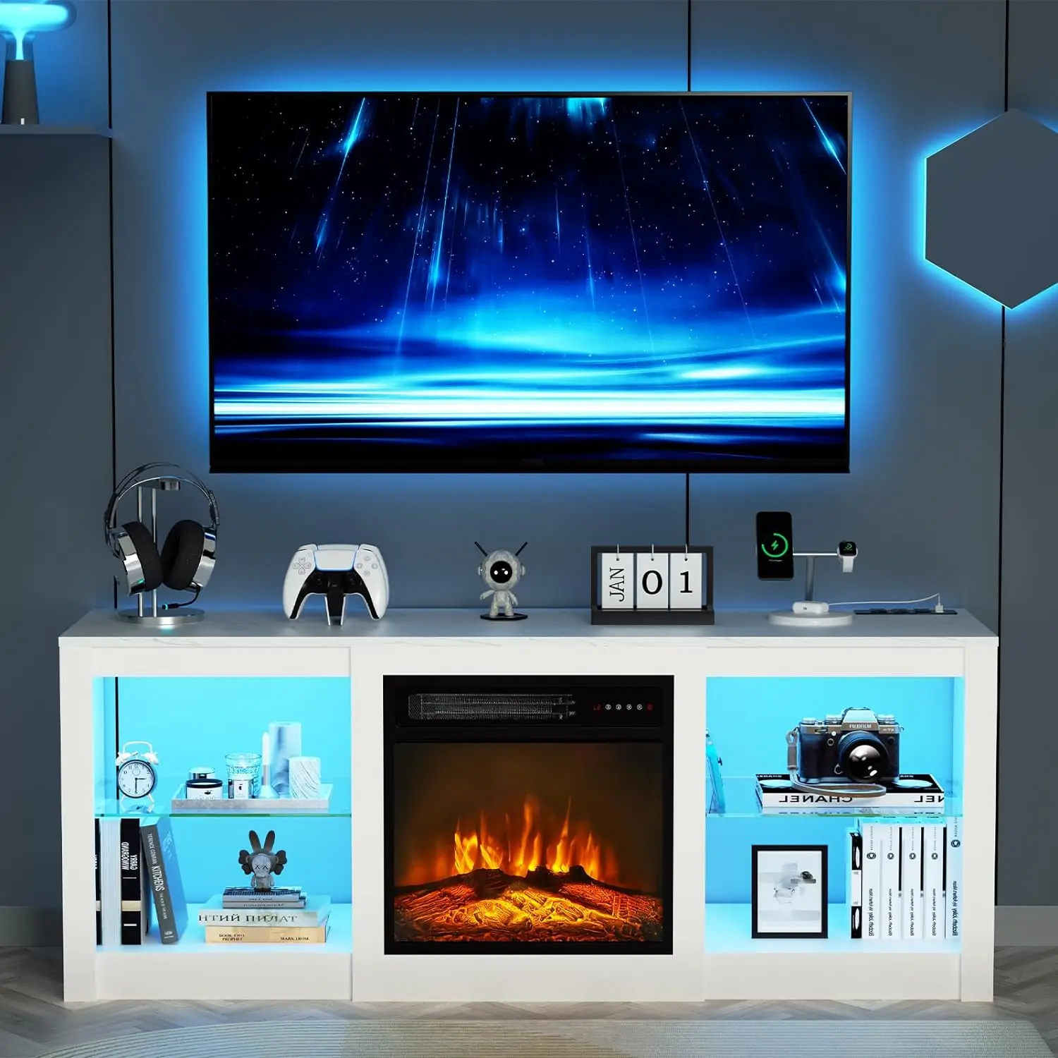 Lareira elétrica TV Stand, LED Entertainment Center, sala de TV armário com armazenamento, 18 polegadas, 36 polegadas