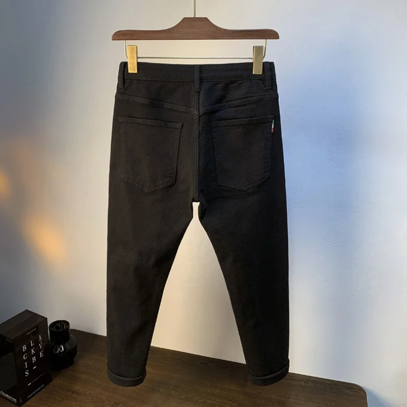 Pantalones vaqueros negros de lujo de alta gama para hombre, pantalones casuales estampados, pantalones elásticos bordados cónicos, primavera y otoño