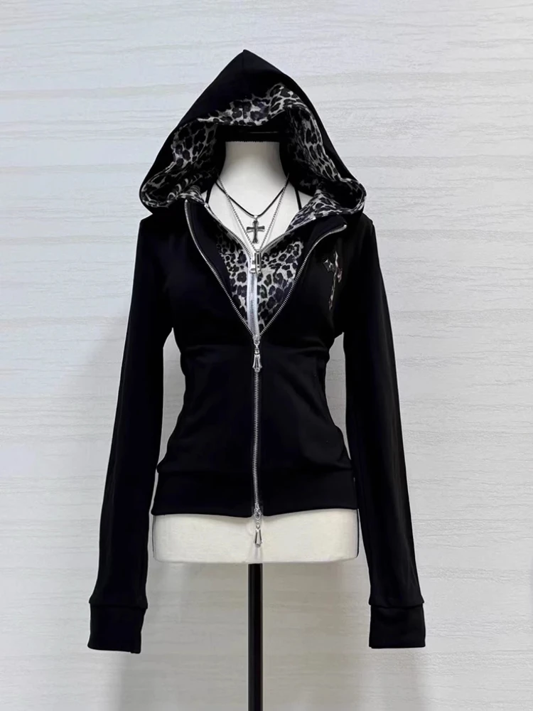 Y2K Subculture Leopard Print Hooded Hoodie Women Vintage Patchwork Fake Two Piece Sweatshirt Autumn Fashion Zip Jacket Tops New