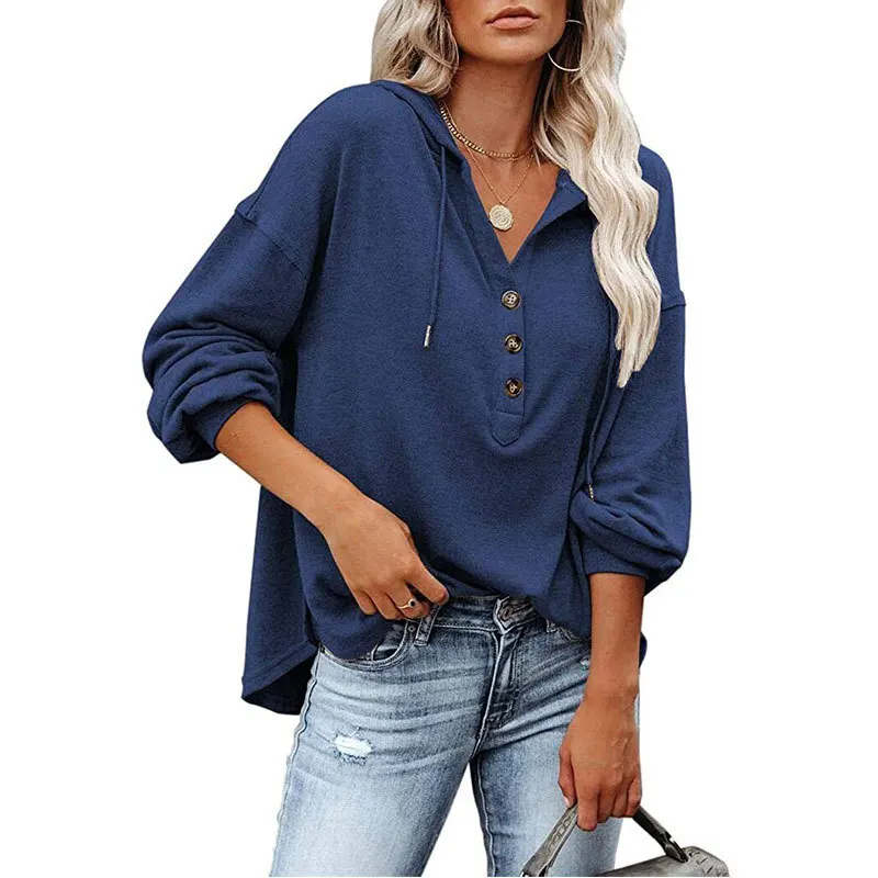 Spring Autumn Women's V-neck Long Sleeved Loose Sweatshirt Women's Sports Button Hooded Jacket