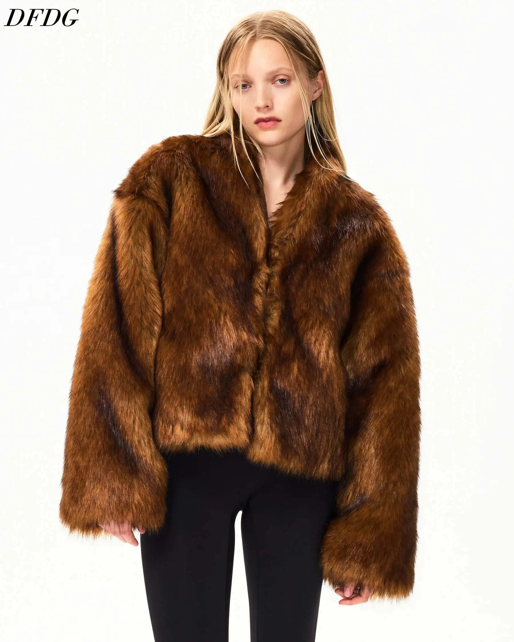 DFDG Women Faux Fur Coat 2026 Stylish V Neck Cropped Jacket Long Sleeve Thick Fluffy Shaggy Cold Weather Street Fashion Fur