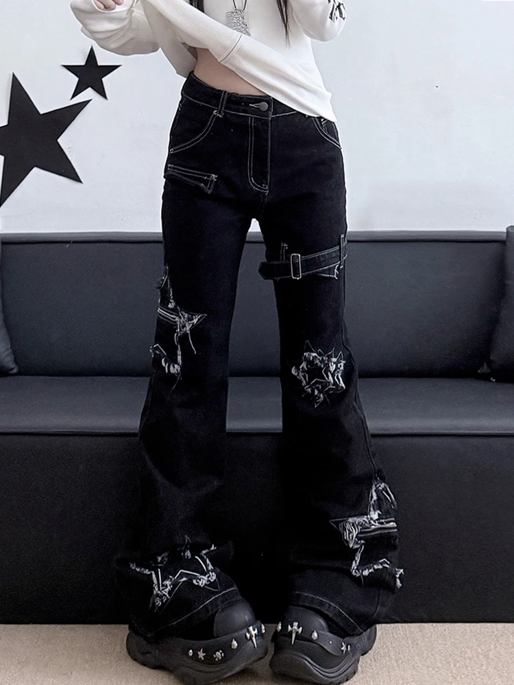 REDDACHiC Women Star Patches Black Jeans Punk Gothic Cross Printing Low Waist Relaxed Fit Bootcut Pants Emo Vintage Streetwear