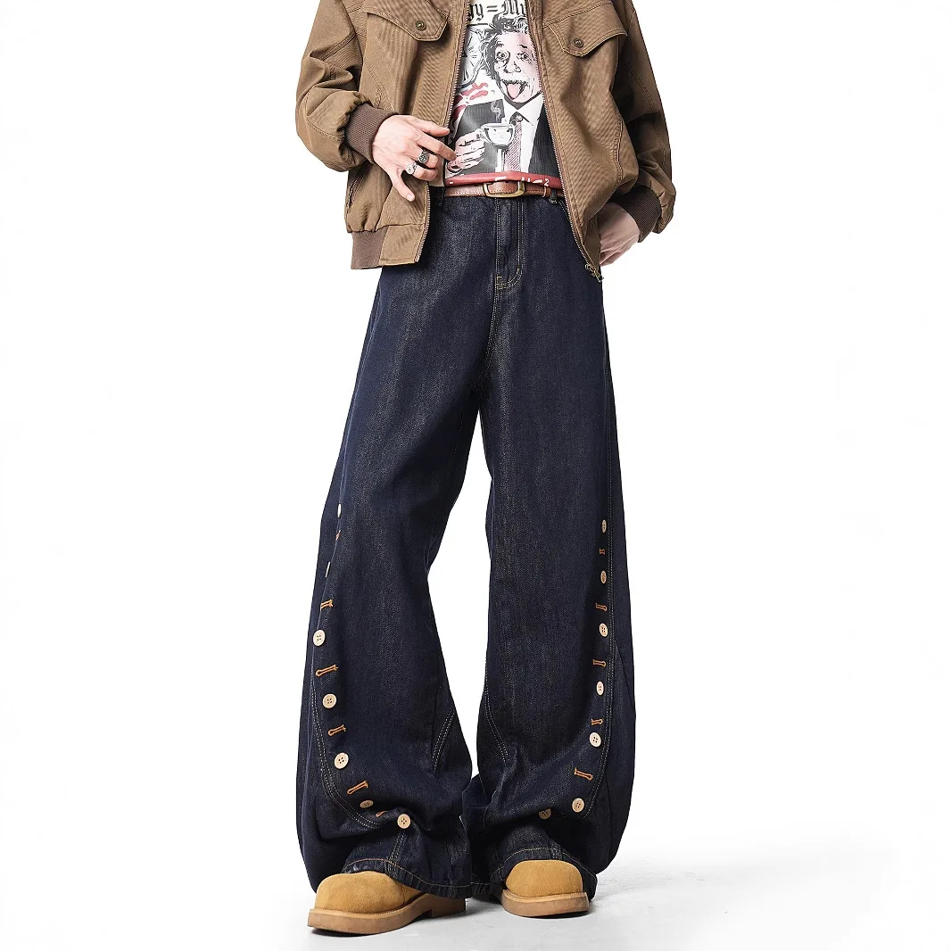 

2026 Spring Design Button Decorative Denim Trousers Men's Loose Wide-leg Trousers
