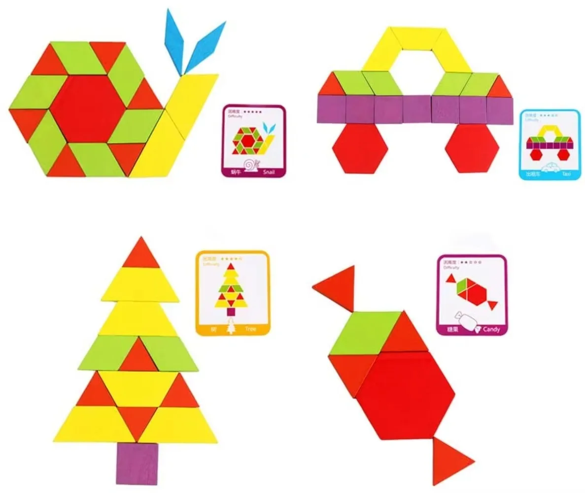Pattern Blocks 155Pcs Wooden Tangram Montessori Toys Geometric Shape Puzzle Kindergarten Classic Educational for Kids