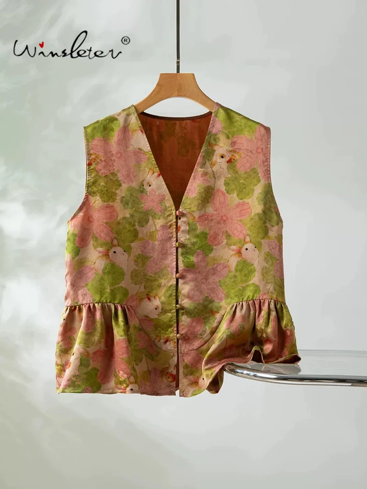 Winsleter-100%Real Silk Watered Gauze Elegant Vest Coat, V Neck Cartoon, Women Ruffles Commute Waistcoat, 2026 Autumn C68931CC