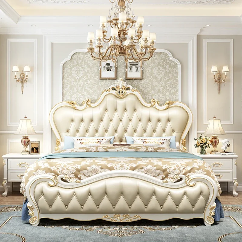 European Style Elegant Double Bed Modern Storage White Leather Queen Beds Luxury Princess Cama Matrimonial Bedroom Furniture