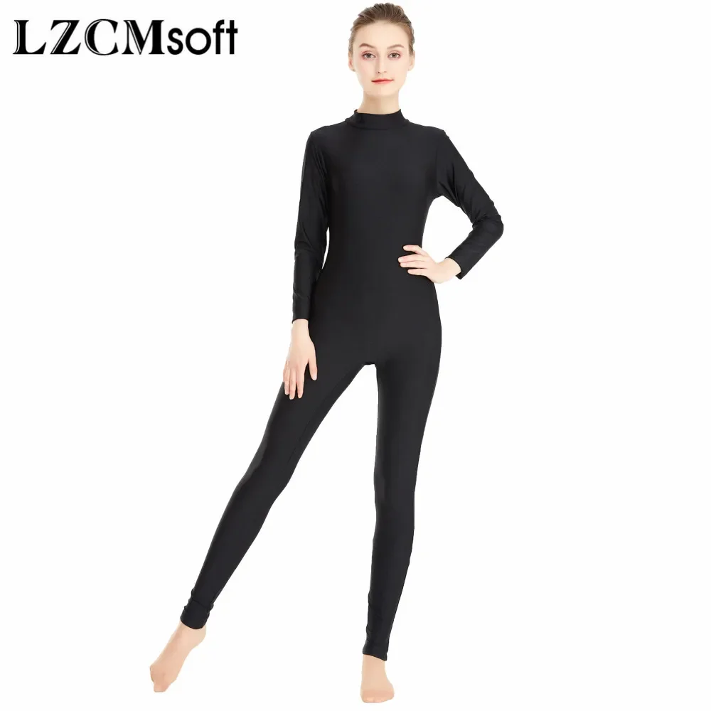 LZCMsoft Donna Manica Lunga Balletto Danza Unitards Ragazze Collo a lupetto Spandex Tute nere Pelle Catsuit Costumi per spettacoli per adulti