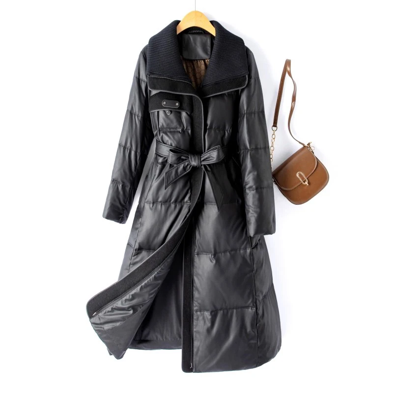 

New Women Split Leather Down Coat Winter Fashion Patchwork Knitted Turn-down Collar Loose Warm Coat Casual Simplicity Thick Coat