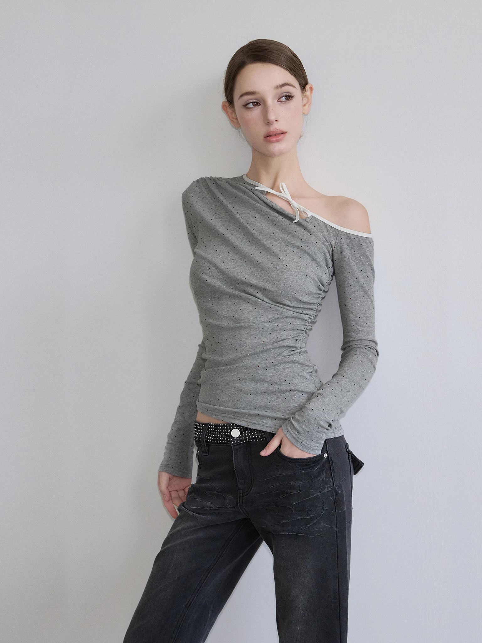 

Noncestnon Original Design Long Sve Diamond Studded Belted Casual Sle Women's T-irt Slim Fit Cotton Polyester Blend