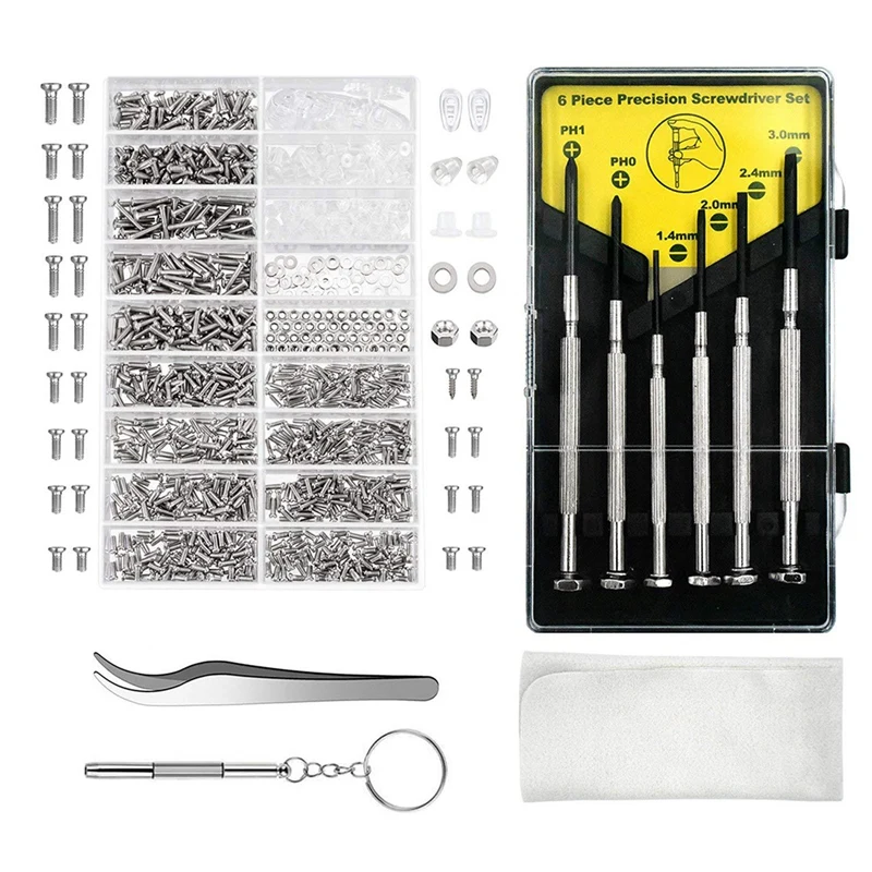 1Set 1000PCS Eyeglass Screws And 6 Pcs Screwdrivers Watch Clock Spectacle Repair For Eyeglasses