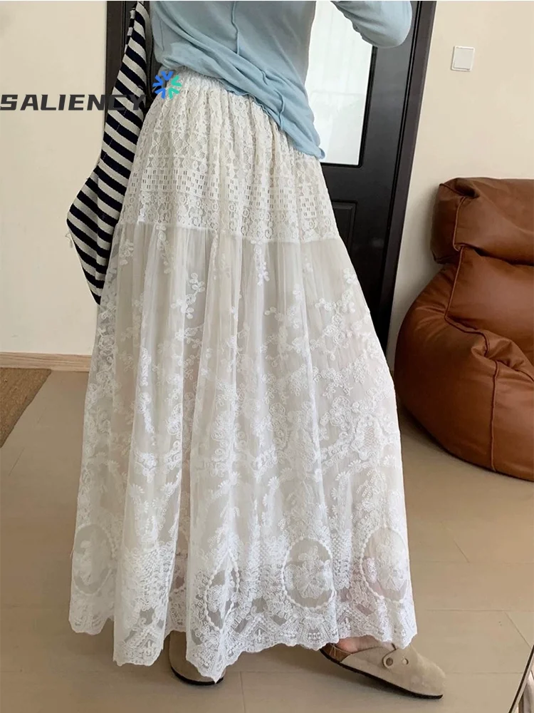 SALIENCY 2025 Spring Korean Elastic Waist Large Swing Crochet Lace Skirt Female Summer High Waist Gentle Embroidery Long Skirt
