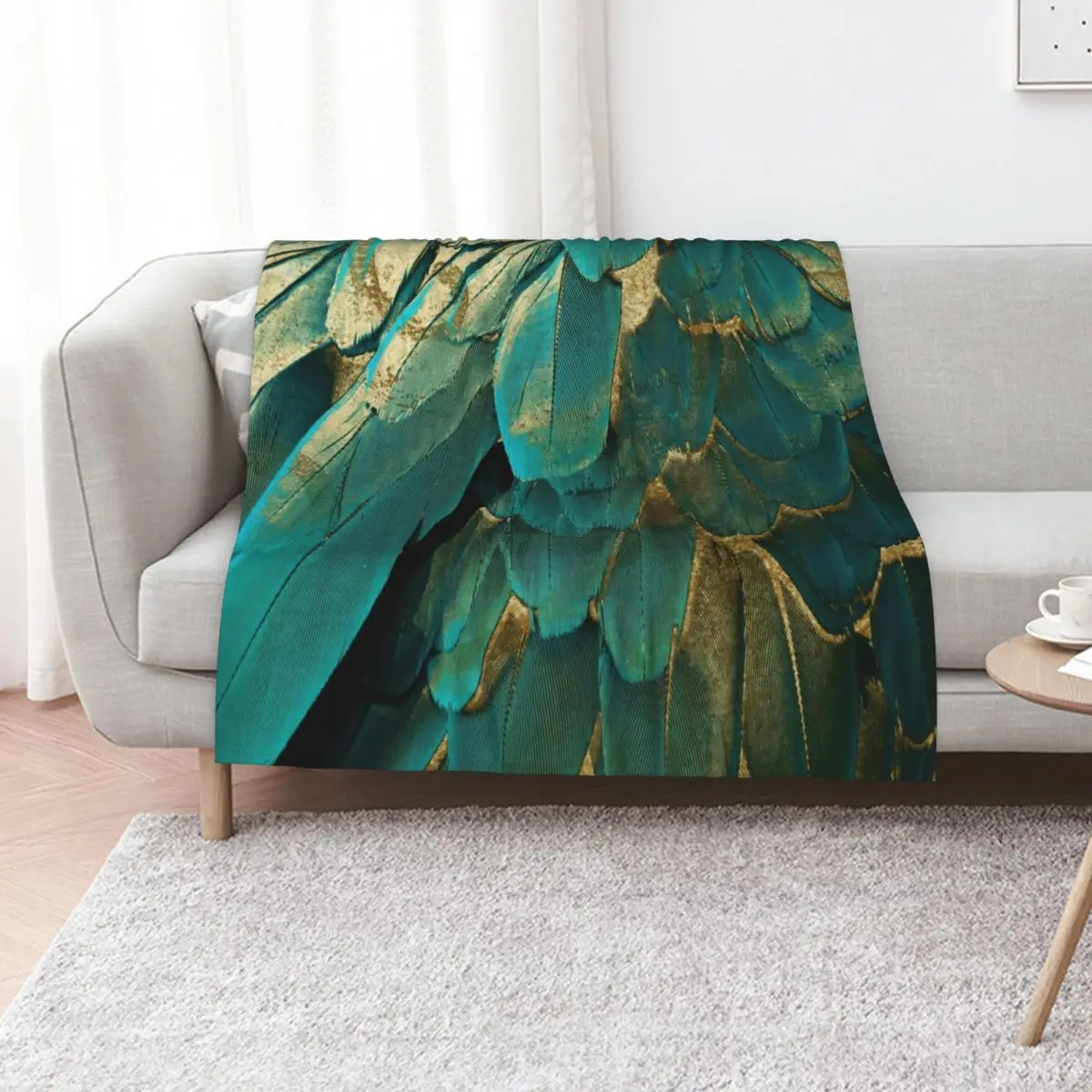 Feather Glitter Teal and Gold Throw Blanket Decoratives blankets ands Soft Big Designers Custom Baby Blankets