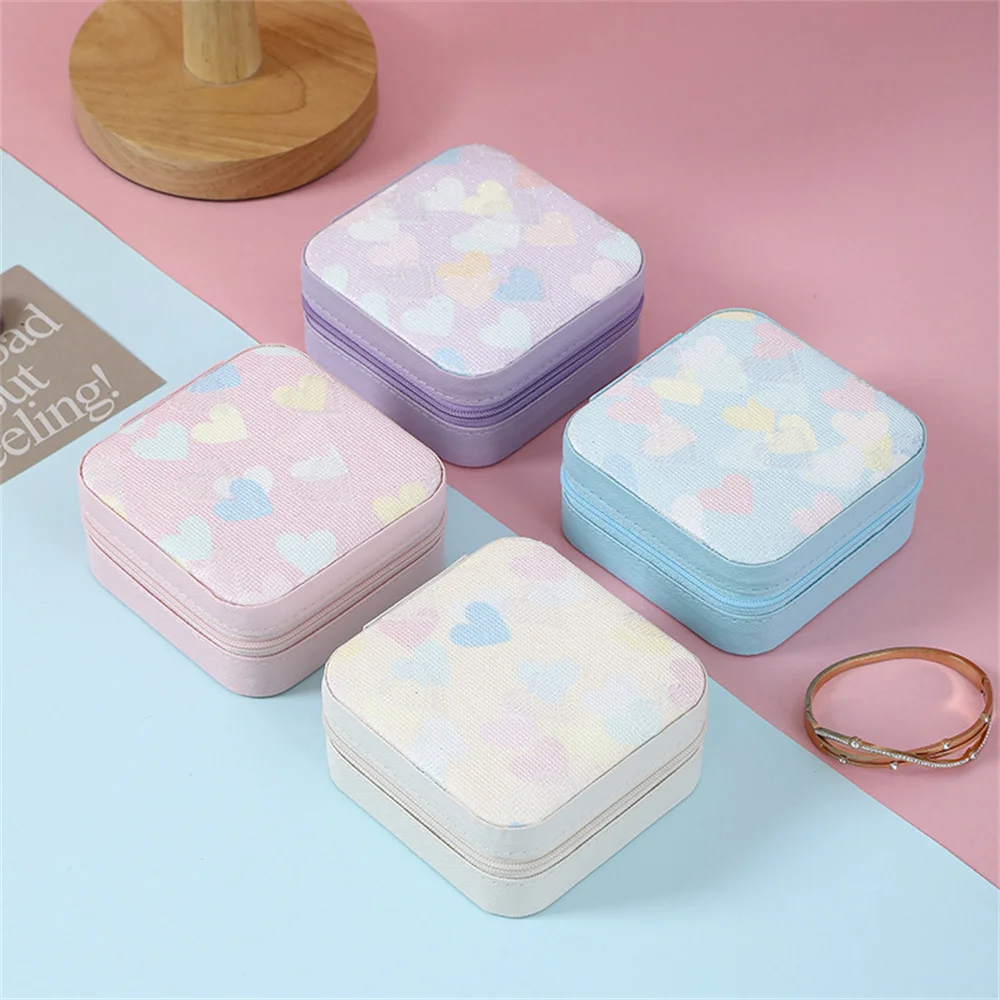 New Portable Jewelry Box Travel Ring Earrings Necklace Storage Display Case PU Gradient Love Grid Jewelry Organizer Box Joyero