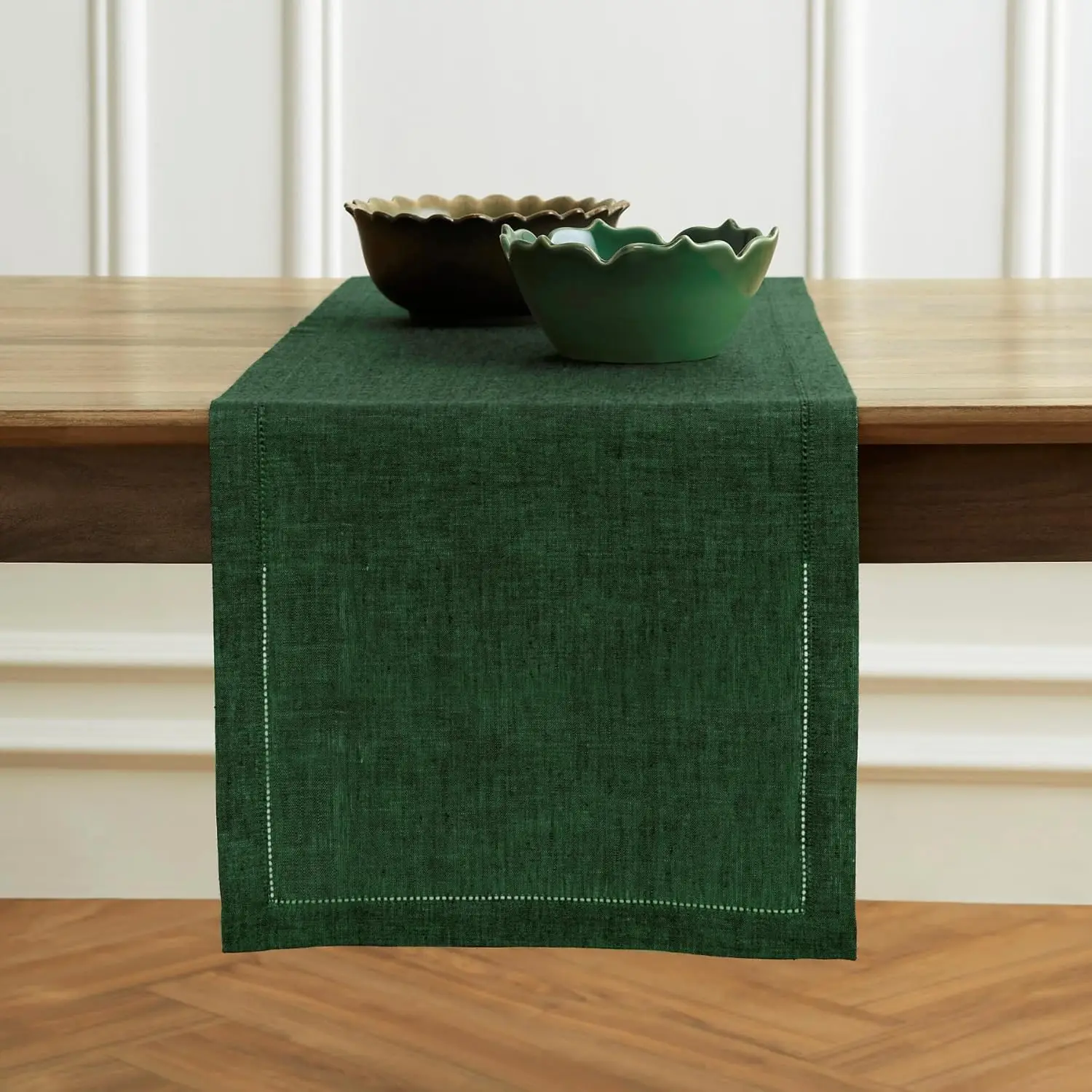

Forest Green Linen Table Runner 14x90 Inch - Handcrafted, Machine Washable for Dining Tables and Holidays