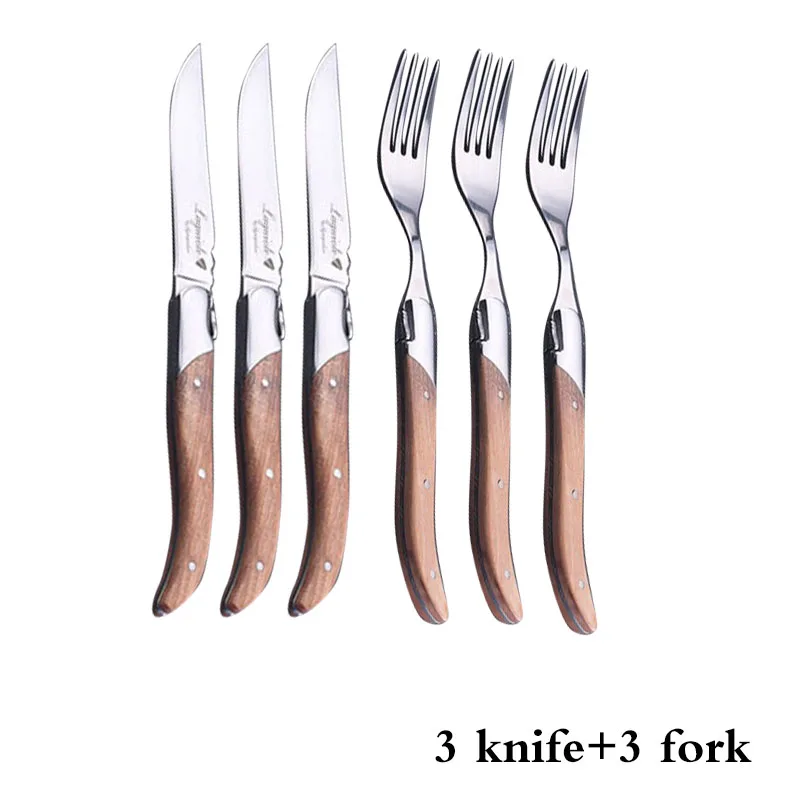 

Laguiole 304 Stainless Steel 3 Pcs Steak Knife and 3 Pcs Fork Set Home Dinner Cutlery w/ Oliver wood Handle