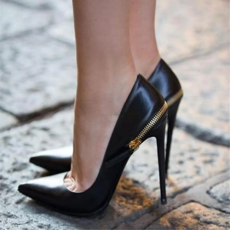 

Gold Zipper High Heel Pumps Pointed Toe Black Matte Leather Thin Heels Women Dress Shoes Slip On Shallow Evening Shoes