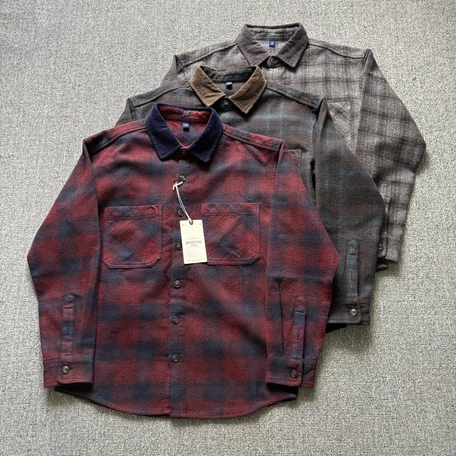 100% cotton heavyweight thick brushed plaid shirt jacket men's American loose and versatile casual long-sleeved shirt