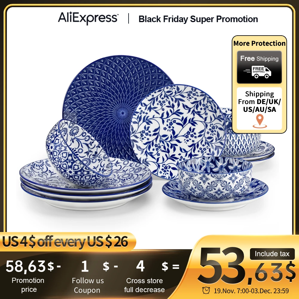 

vancasso 12/24/36 Piece Chinese Blue and White Porcelain Plate Set Tableware Set with 4PCS Dinner Plate/Dessert Plate/Ceral Bowl