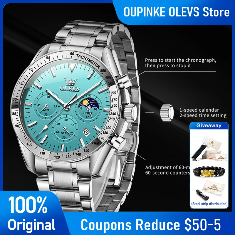 

Часы OLEVS для мужчин, высококачественные, люксовые, кварцевые, водонепроницаемые, с фазами луны и датой, в подарочной коробке, модель 3618