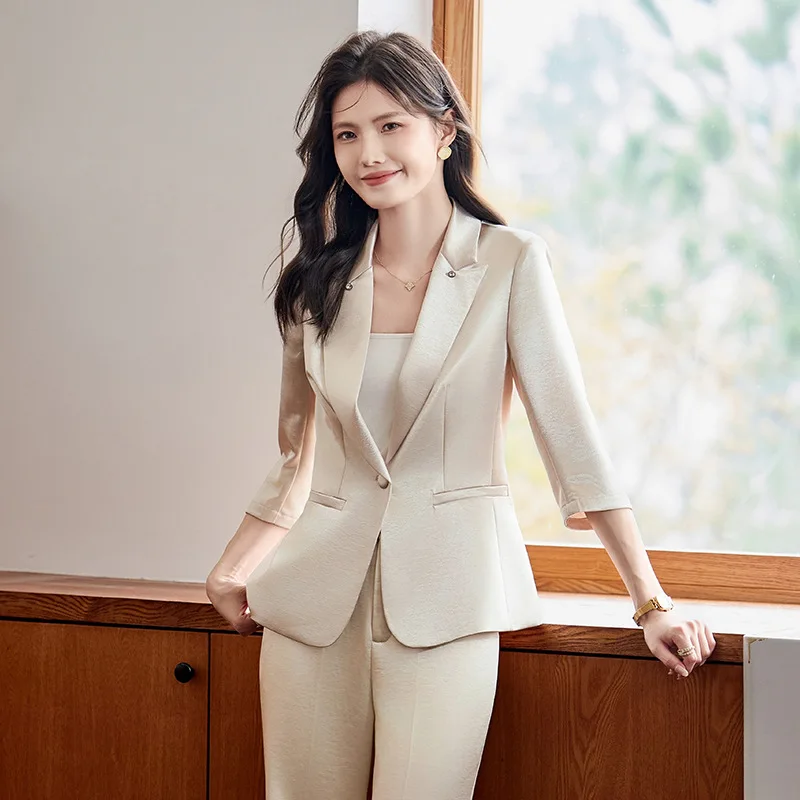 2025 Elegant Women's Two-Piece Sets of Pants and Blazer Solid Suit Clothing With Acetate Champagne Black conjuntos de pantalones