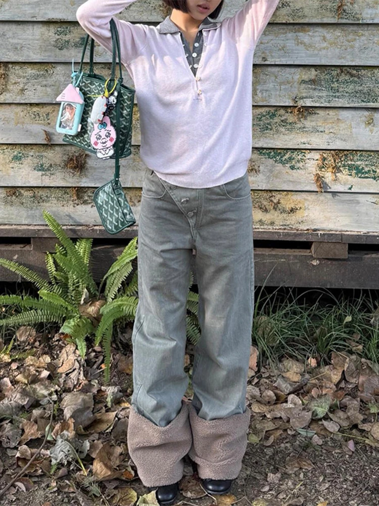 

Ретро флисовые лоскутные джинсы женские осенне-зимние винтажные дизайнерские модные и нишевые свободные прямые брюки