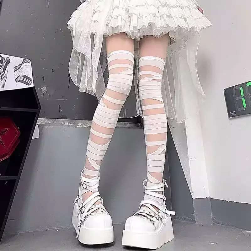 Gothic Lolita Accessories Bandage Design Thin Soft Long Socks Women Sexy Cross Strap Bottom Stockings Cosplay Cute Girls Hosiery