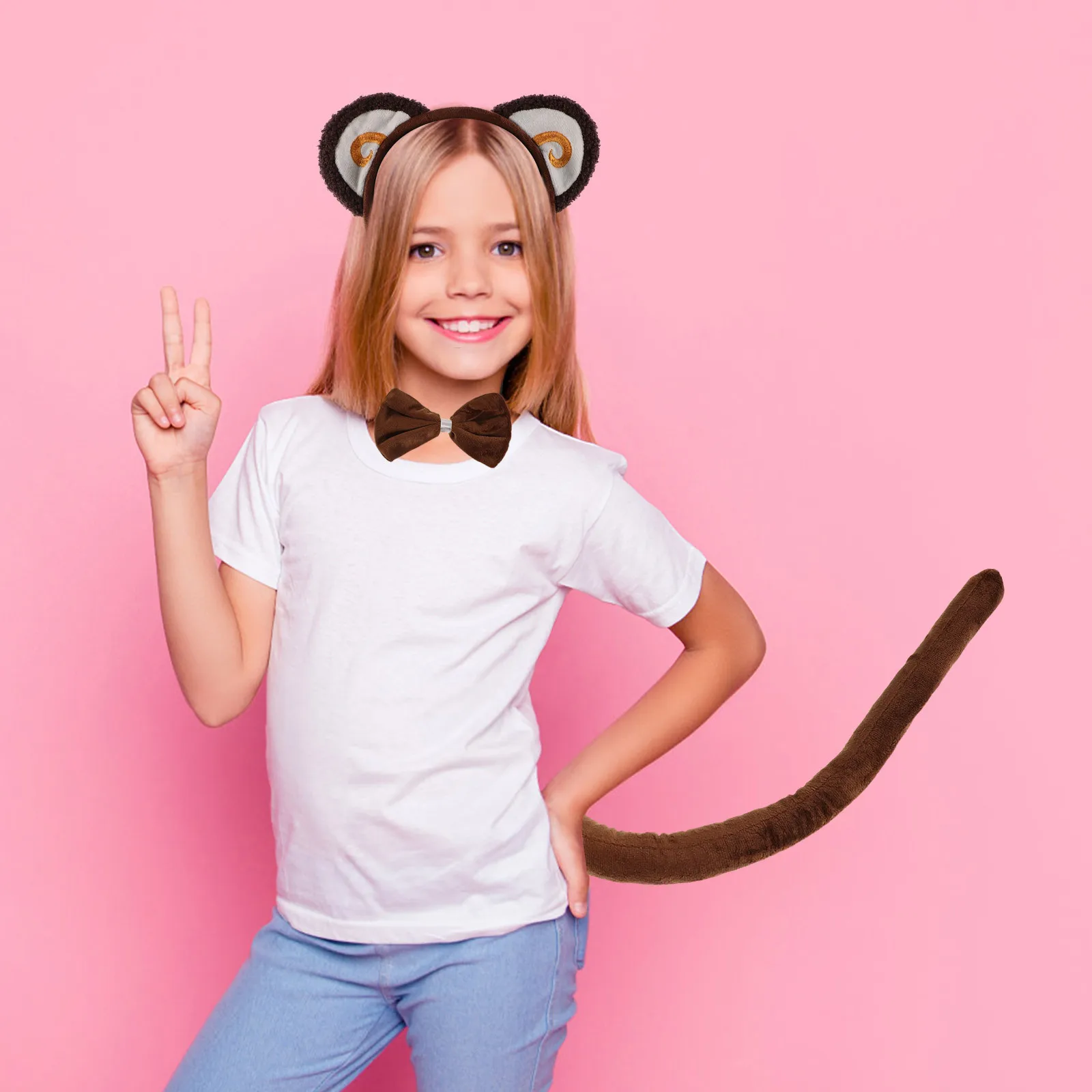 1Set Aap Kostuum Kit Inclusief Dierenoren Hoofdband Staart Strikje Kids Animal Dress Up Party Cosplay Accessoires
