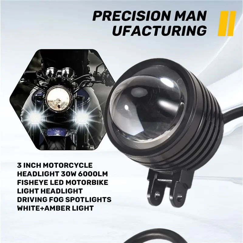 3 Inch Motorcycle Headlight 30W 6000LM Fisheye LED Motorbike Light Headlight Driving Fog Spotlights White+Amber Light-A54R