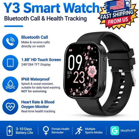 Y2 Smart Watch Bluetooth Call 1.88" TFT Screen IP67 Waterproof Fitness Watch Heart Rate Blood Oxygen Monitor 210mAh Magnetic Charging Sports Smartwatch for Android iOS