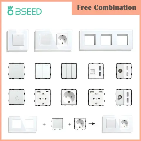BSEED 벽 조명 스위치 유리 패널 부품 흰색 USB 소켓 기능 부품 DIY EU CAT5 TV 소켓 전원 콘센트 부품