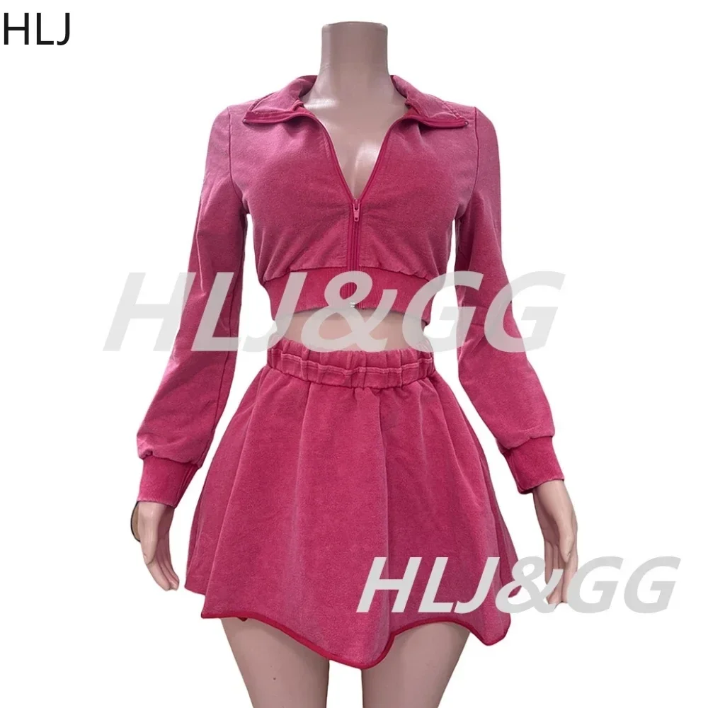 HLJ&GG Spring New Solid A-line Mini Skirts Two Piece Sets Women Zip Long Sleeve Crop Top+Skirts Outfits Female Washed Streetwear