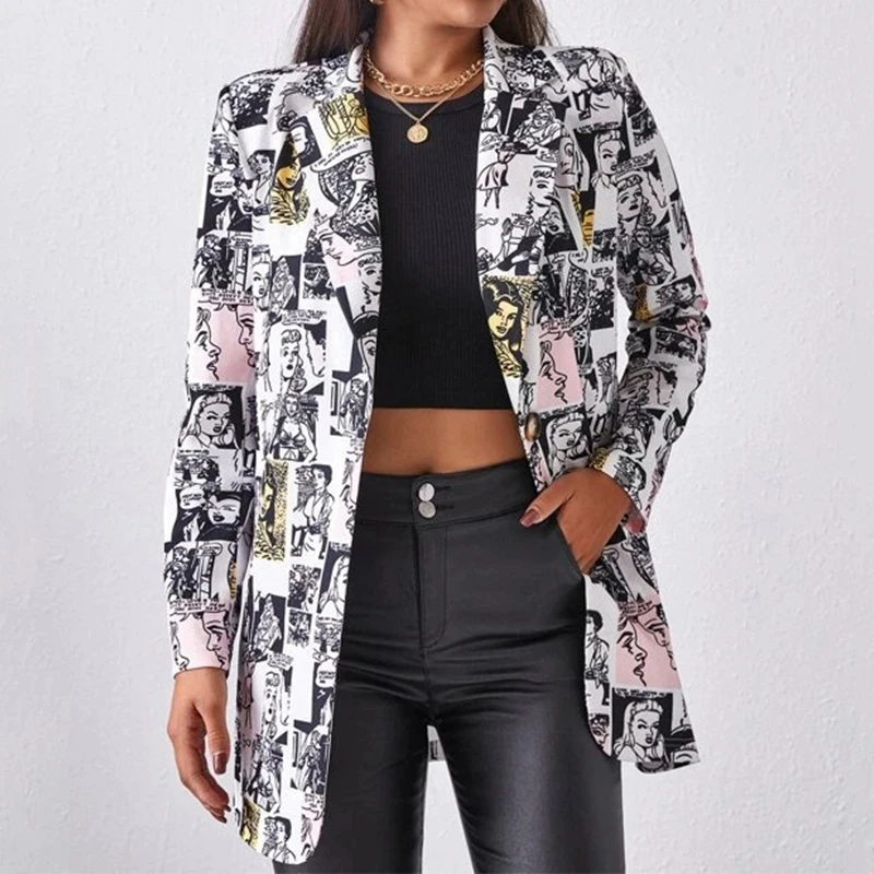 Vintage Brief Unregelmäßigen Druck Blazer Frauen Jacke High Street Fashion 2022 Neue Plus Größe Elegante Dame Mantel Amerikanischen Stilvolle