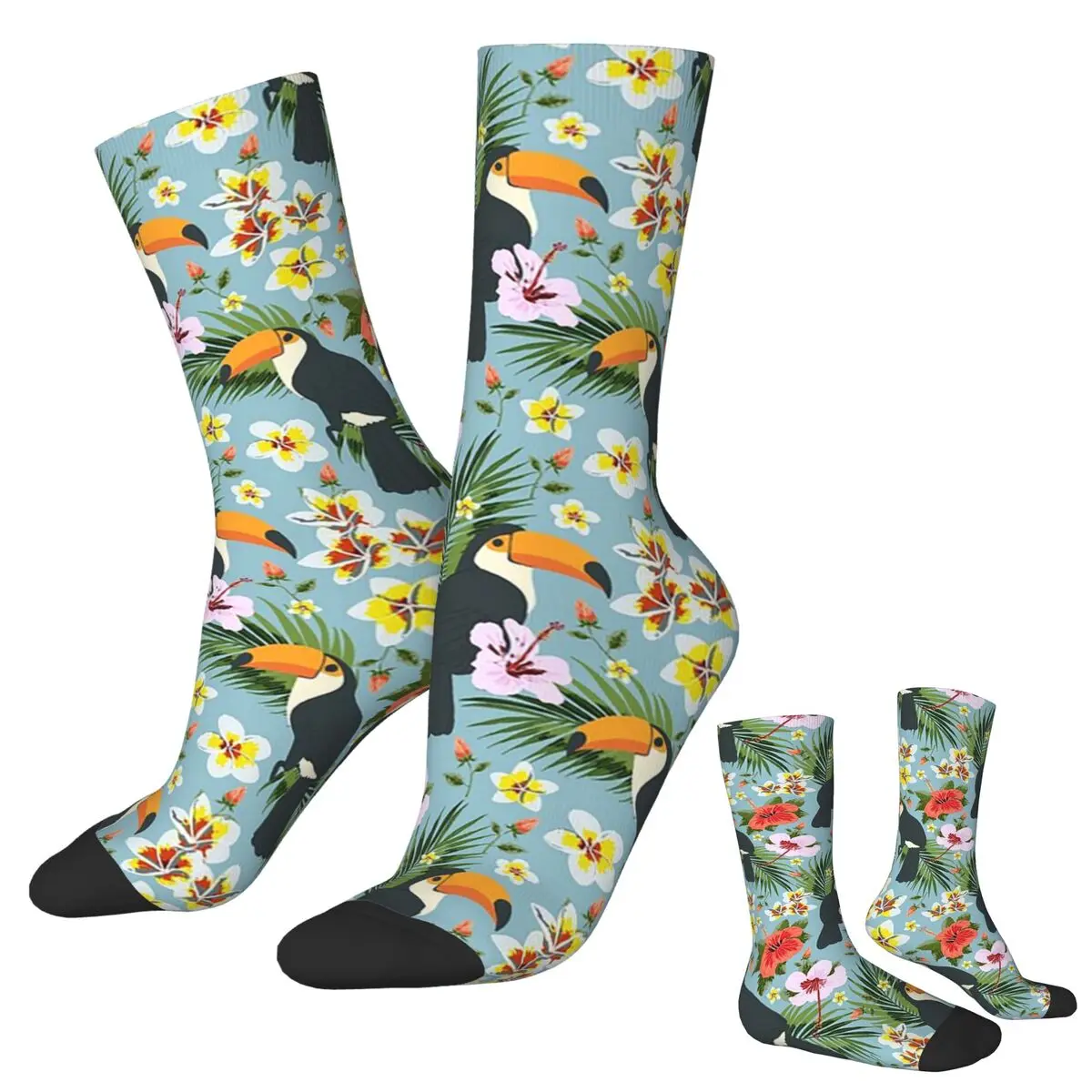 All Seasons Crew Stockings Toucan Tropical Flowers Design Socks Fashion Long Socks for Men Women Valentine's Day Gifts