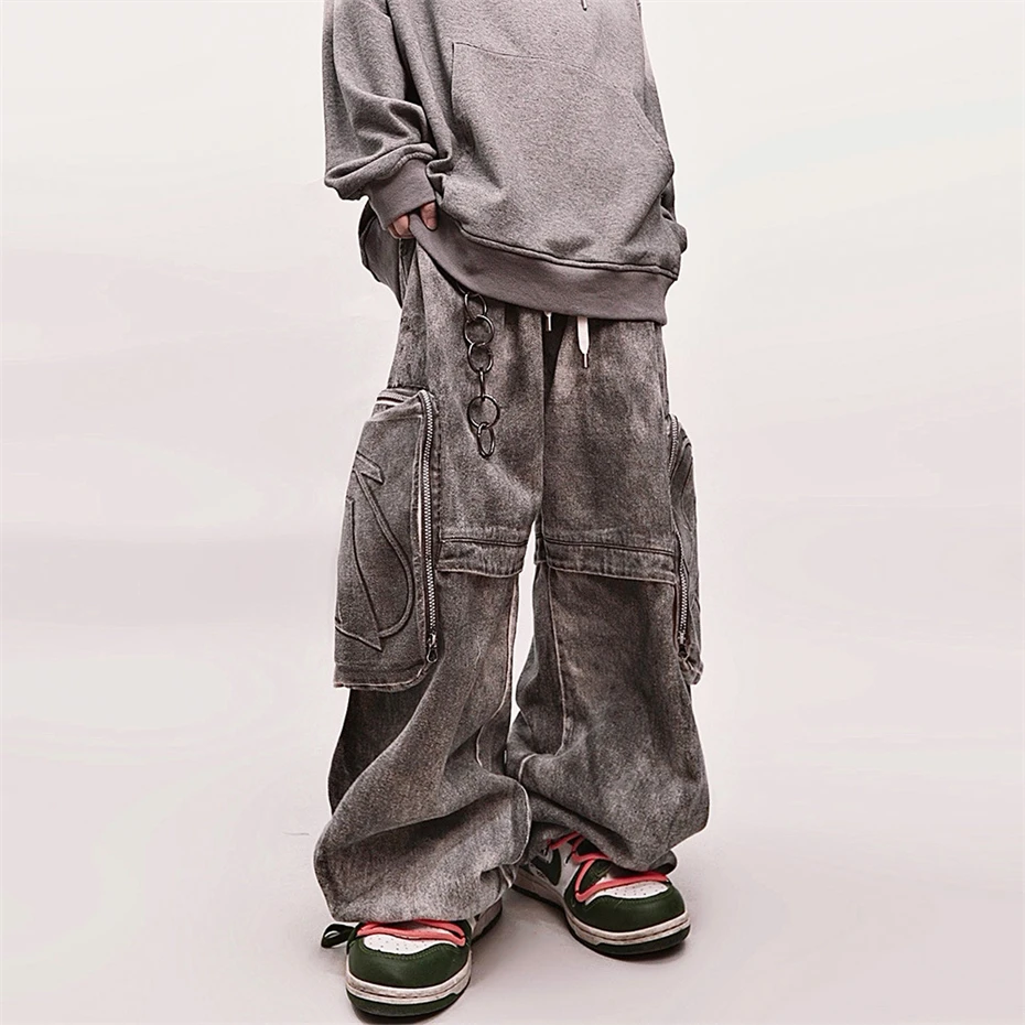 Mens Hip Hop Jeans Pants Streetwear Punk Big Pockets Denim Trousers Men Oversized Harajuku Baggy Wide-leg Cargo Joggers Pants