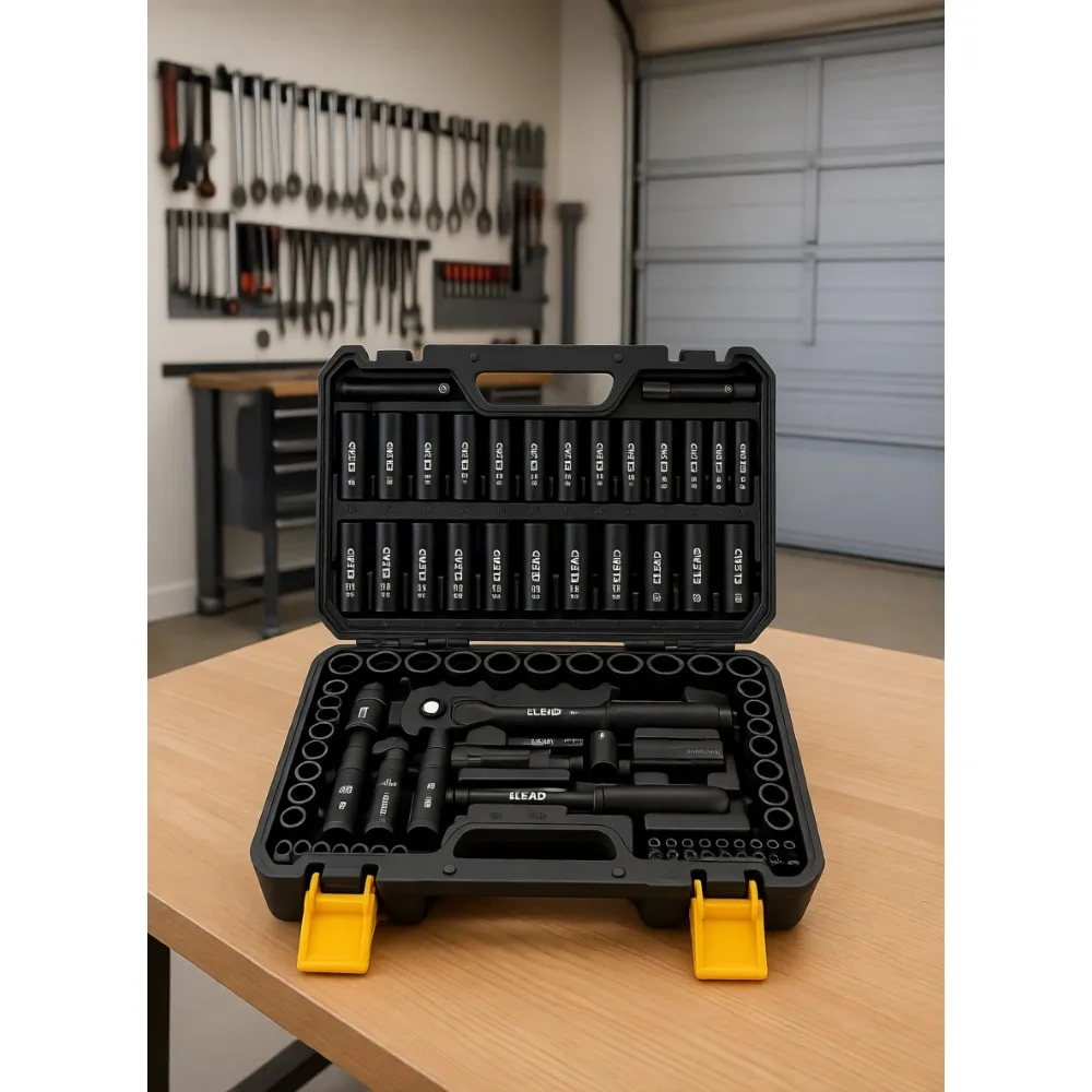 

96 Piece 3/8 Drive Impact Socket Set SAE Metric Standard Deep Ratchet Bit Extension Universal Joint Adapter Spark Plug