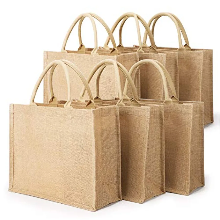 

Tote Bags, 6 Pack Large Burlap Reusable Jute Canvas Gift Favors Bag with handles Blank Tote Bulk for Bridesmaid Wedding, Women