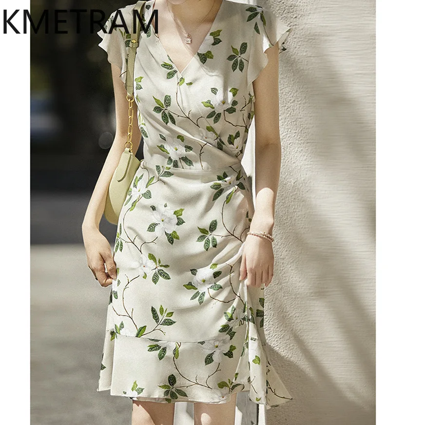 

KMETRAM 100% Mulberry Silk Women's Dresses Sleeveless Elegant Dresses for Woman Clothes High Quality V-neck Summer Dress 2025