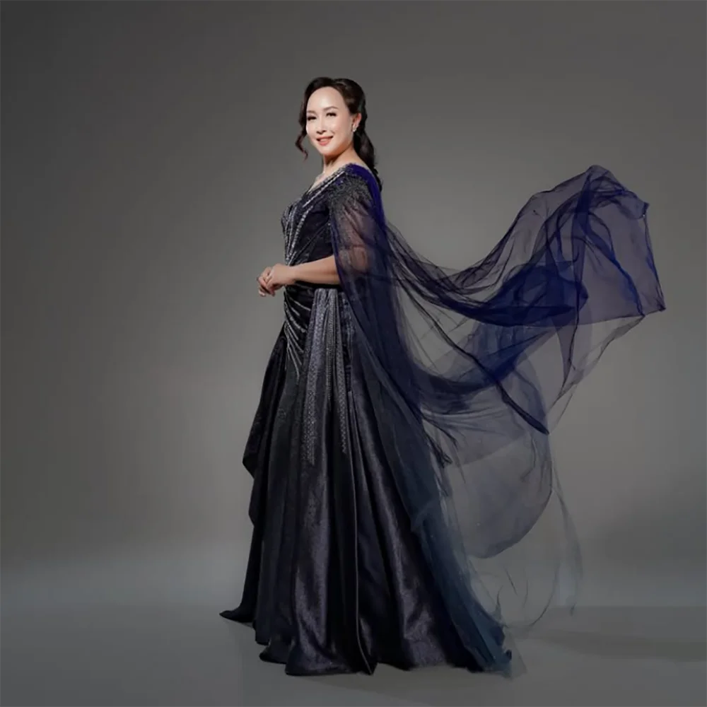 Customized Navy V Neck Beaded Satin Wrap Skirt Mother Of Bride Dresses Sheer Cape A Line Train Formal Wedding Guest Gown