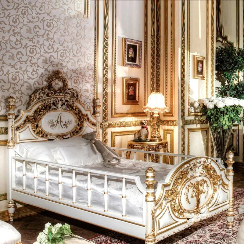 palace solid wood bed master bedroom furniture 1.8m wedding bed carved Italian luxury painted double princess bed